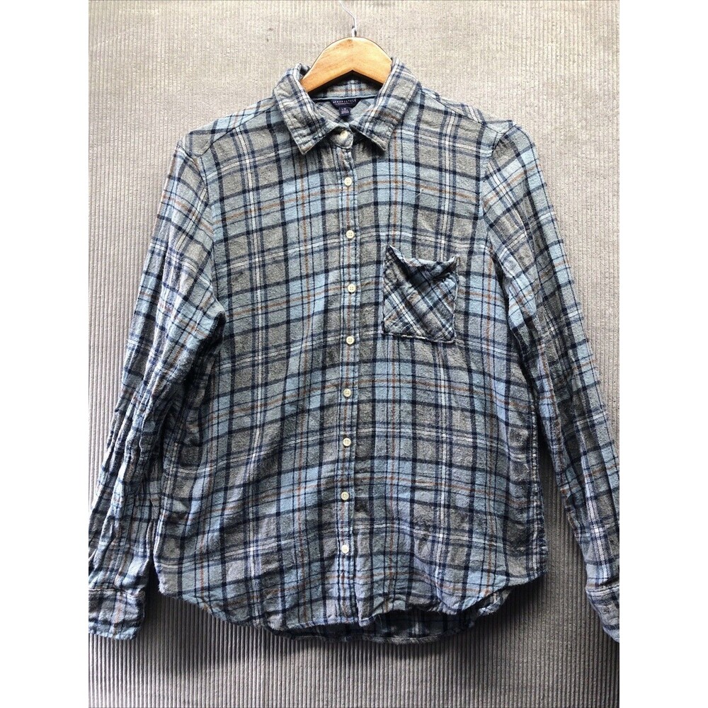 Aeropostale Women’s Flannel Shirt Size Large Blue Plaid Distressed Grunge Thrash